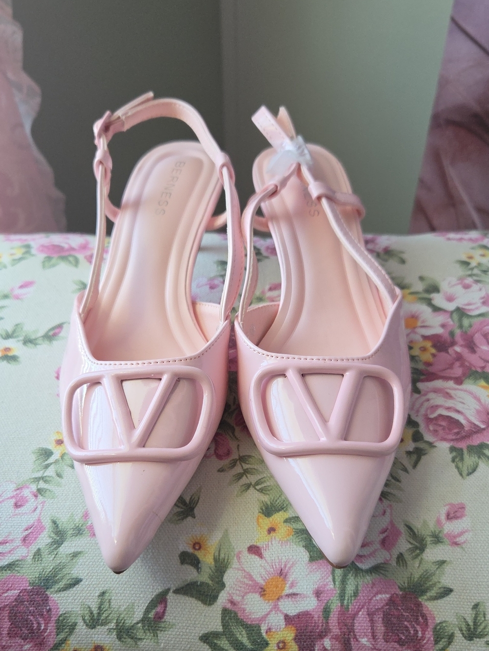 Patent Pink Pointed Slingback Mules with Logo Accent NWOT / Original Box